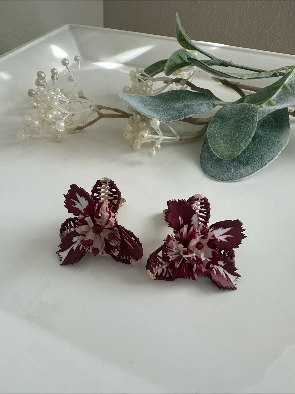 Oscar de la Renta Tropical Flower Earrings Burgundy Red Clip On